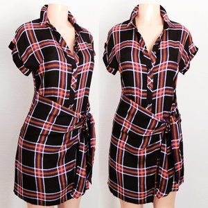Black Plaid Button Up Wrap Tie Front Shirt Dress